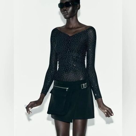 ZARA BLACK MESH SEAMLESS BODYSUIT WITH RHINESTONES - Picture 6 of 9